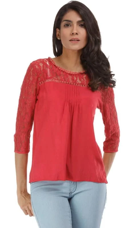 35084 Contrast Lace Top - Red