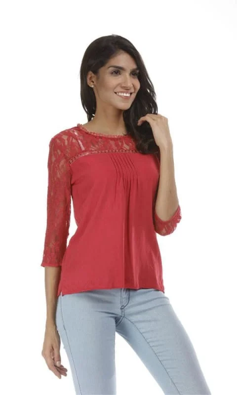 35084 Contrast Lace Top - Red