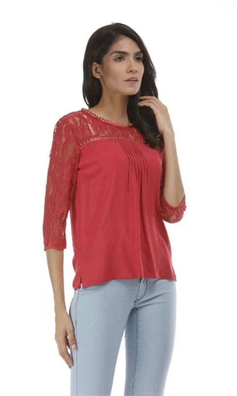 35084 Contrast Lace Top - Red