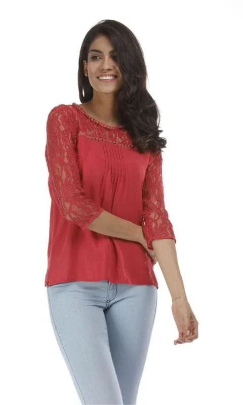 35084 Contrast Lace Top - Red