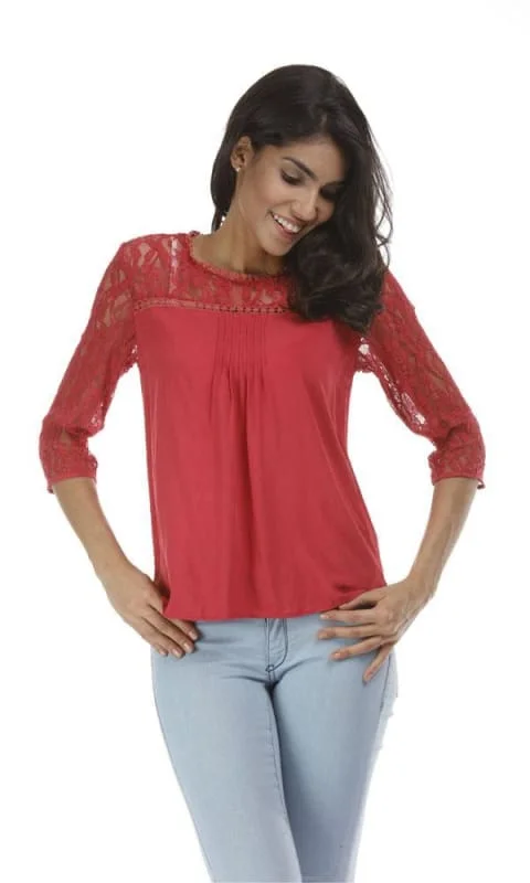 35084 Contrast Lace Top - Red