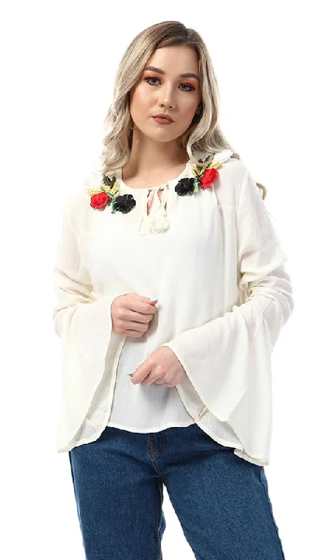 47526 Stitched Flowers Bell Sleeves Off White Blouse