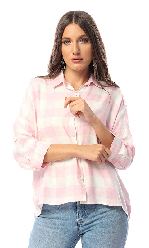 53240 Back Open Checkered Buttoned Baby Pink Shirt