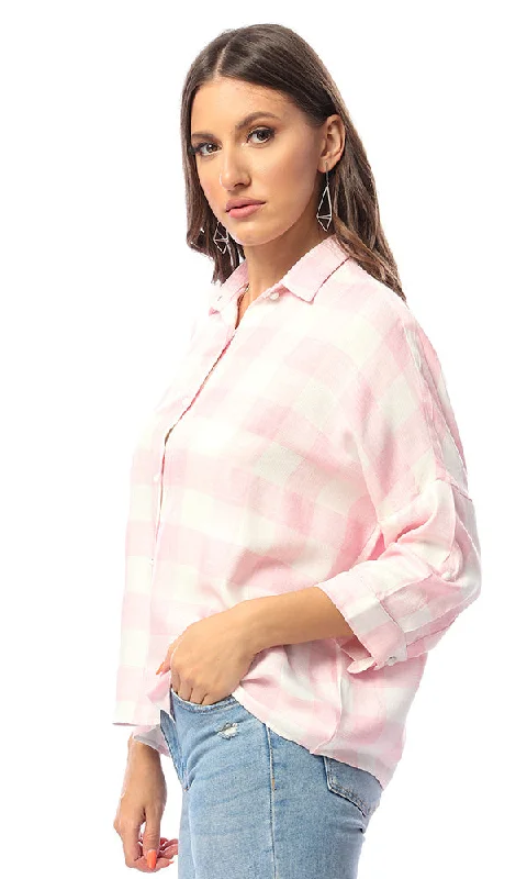 53240 Back Open Checkered Buttoned Baby Pink Shirt