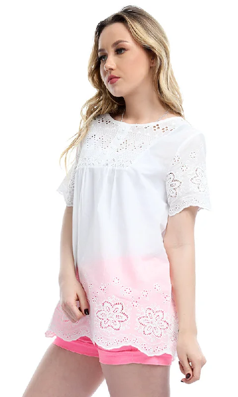 53598 Perforated Slip On Casual Half Sleeves Blouse - White