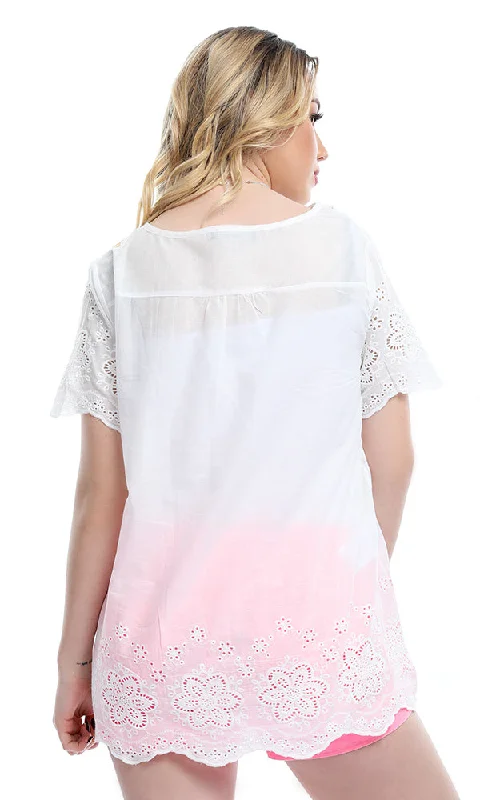 53598 Perforated Slip On Casual Half Sleeves Blouse - White