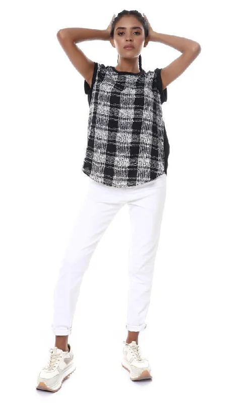 56939 Front Plaids Cap Sleeves Black Blouse