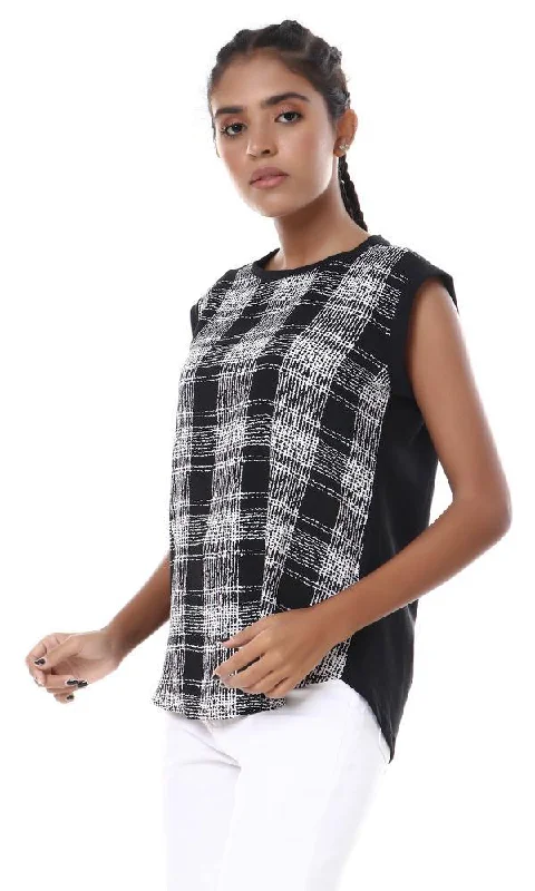 56939 Front Plaids Cap Sleeves Black Blouse