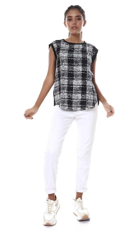 56939 Front Plaids Cap Sleeves Black Blouse