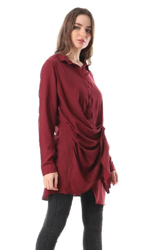 57110 Front Open Long Buttoned Shirt - Burgundy