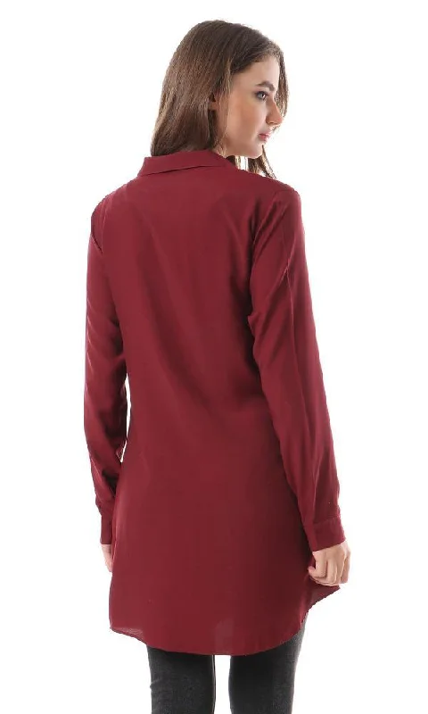 57110 Front Open Long Buttoned Shirt - Burgundy