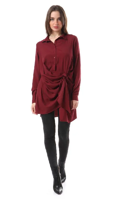 57110 Front Open Long Buttoned Shirt - Burgundy