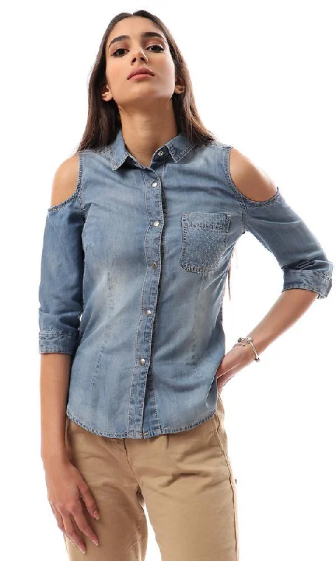 93118 Fashionable Cold Shoulders Denim Shirt - Bracing Blue