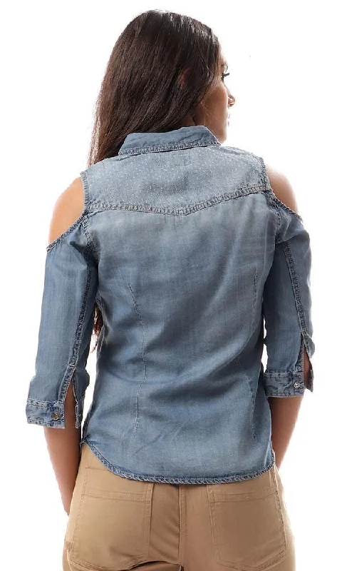 93118 Fashionable Cold Shoulders Denim Shirt - Bracing Blue