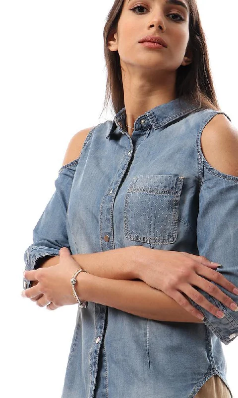 93118 Fashionable Cold Shoulders Denim Shirt - Bracing Blue