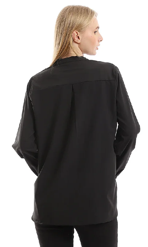 94812 Basic V-Neck Plain Black Buttoned Shirt