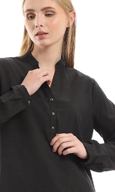 94812 Basic V-Neck Plain Black Buttoned Shirt