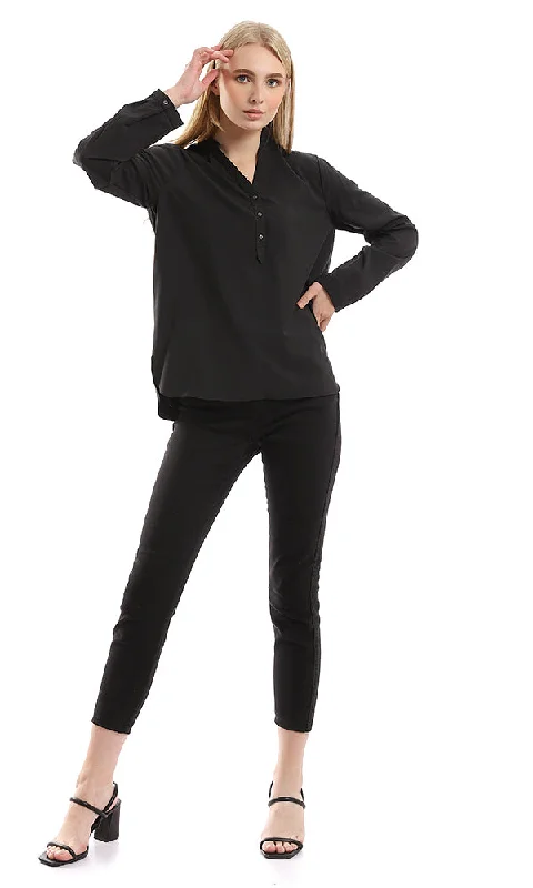 94812 Basic V-Neck Plain Black Buttoned Shirt