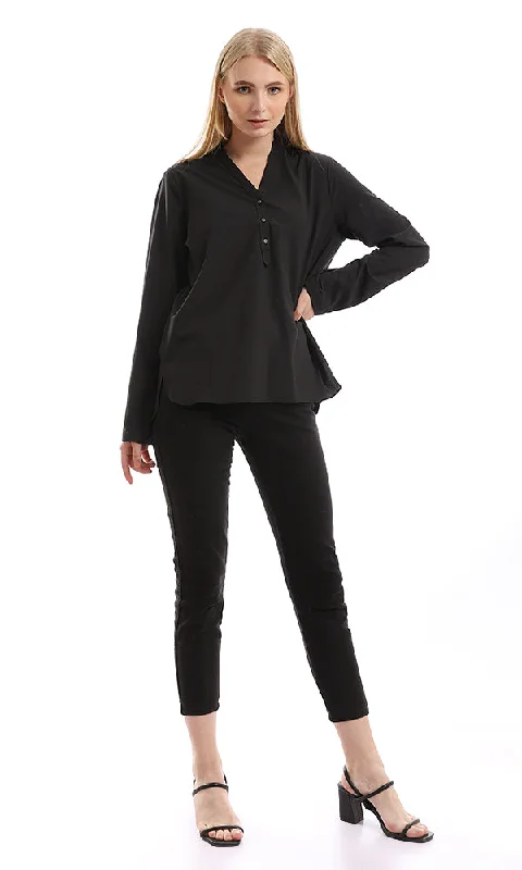 94812 Basic V-Neck Plain Black Buttoned Shirt