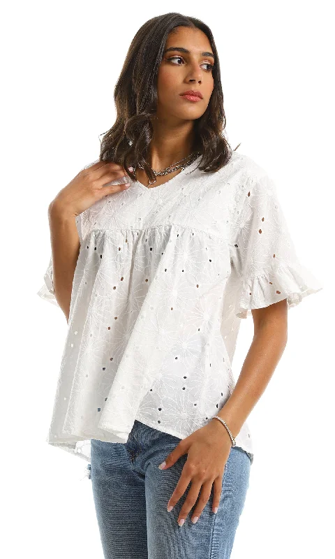 97987 Ruffle Short Sleeves Summer White Blouse