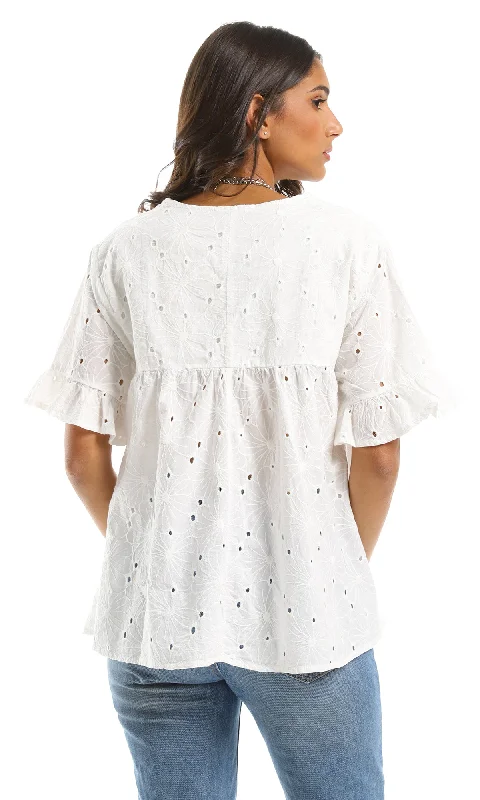 97987 Ruffle Short Sleeves Summer White Blouse