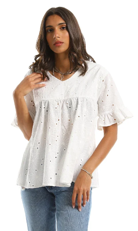 97987 Ruffle Short Sleeves Summer White Blouse