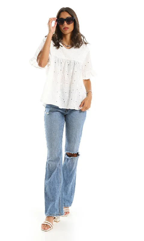 97987 Ruffle Short Sleeves Summer White Blouse