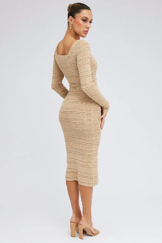 Beige Knit Dress Long Sleeve Sweetheart Twist Crochet