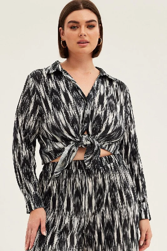 Black Abstract Relaxed Shirt Long Sleeve V-neck Plisse