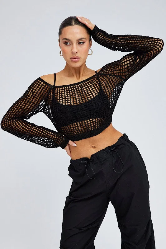 Black Crochet Knit Top Long Sleeve Square Neck