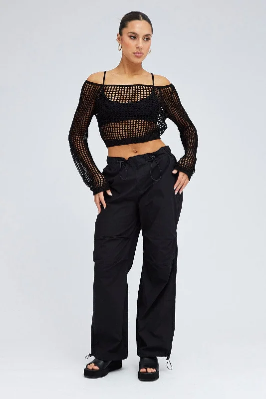 Black Crochet Knit Top Long Sleeve Square Neck