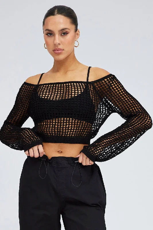 Black Crochet Knit Top Long Sleeve Square Neck