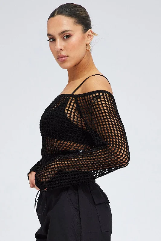 Black Crochet Knit Top Long Sleeve Square Neck