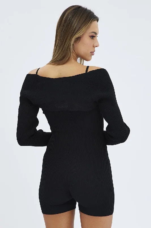 Black Playsuit & Shrug Set Long Sleeves Sweetheart Knit