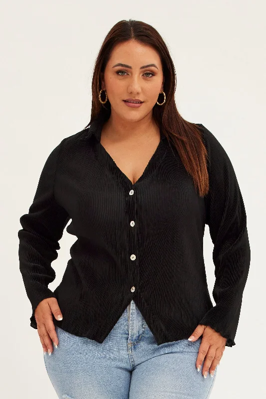 Black Plisse Shirt Long Sleeve V-neck Button Up