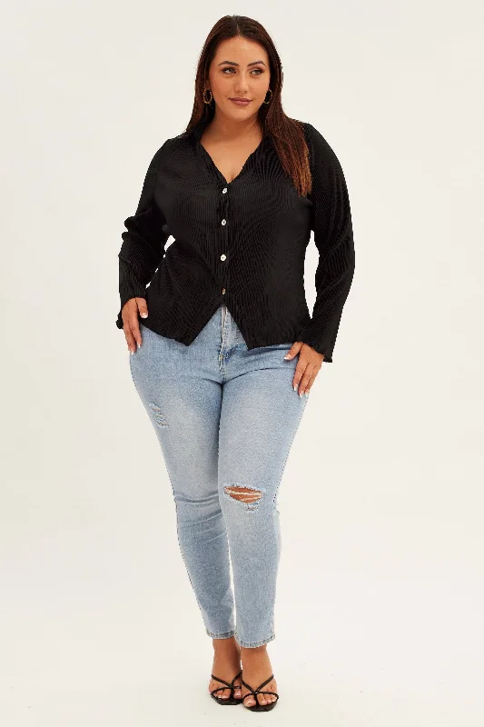 Black Plisse Shirt Long Sleeve V-neck Button Up