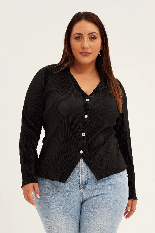 Black Plisse Shirt Long Sleeve V-neck Button Up