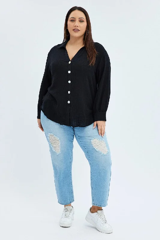 Black Relaxed Shirt Long Sleeve V-neck