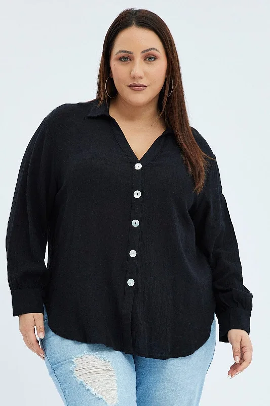 Black Relaxed Shirt Long Sleeve V-neck