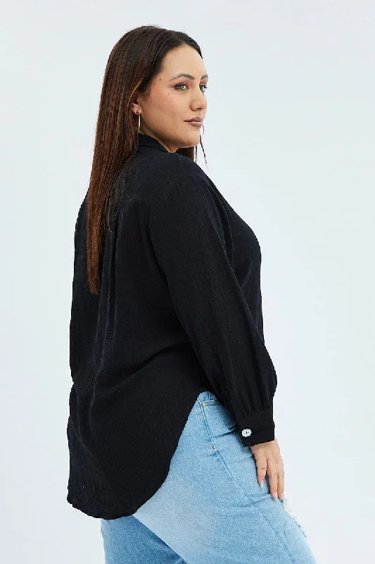 Black Relaxed Shirt Long Sleeve V-neck