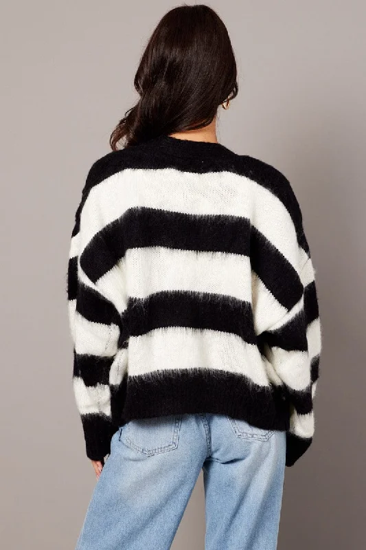 Black Stripe Knit Cardigan Long Sleeve