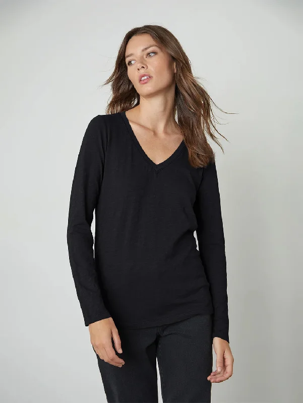 Blaire V-Neck Long Sleeve Top - Black