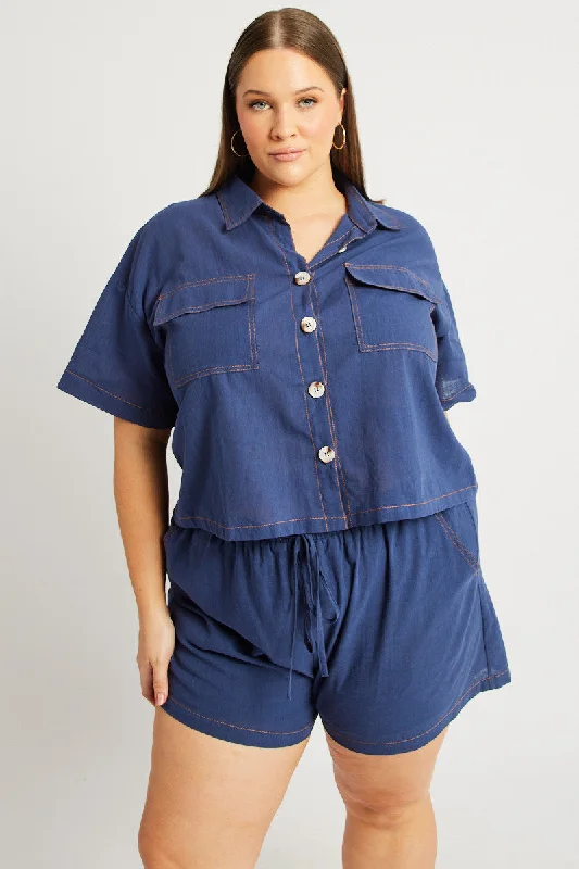 Blue Relaxed Shirt Short Sleeve Contrast Stitch