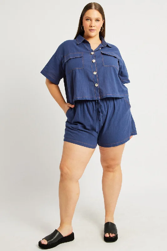 Blue Relaxed Shirt Short Sleeve Contrast Stitch