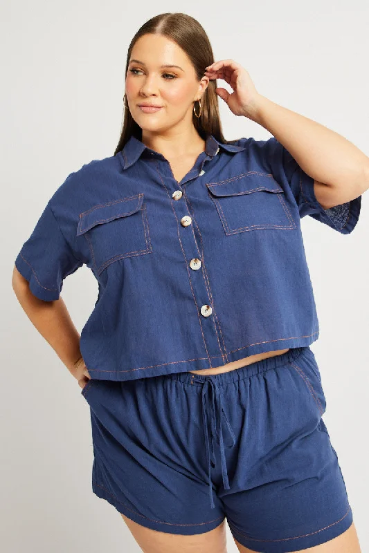 Blue Relaxed Shirt Short Sleeve Contrast Stitch