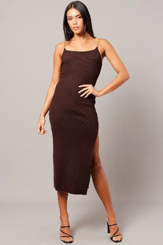 Brown Knit Dress Chain Shoulder