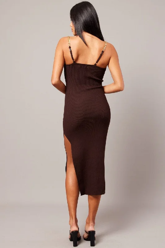 Brown Knit Dress Chain Shoulder