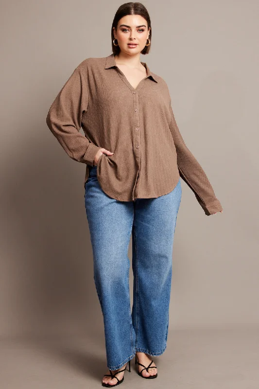 Brown Relaxed Shirt Long Sleeve Textured