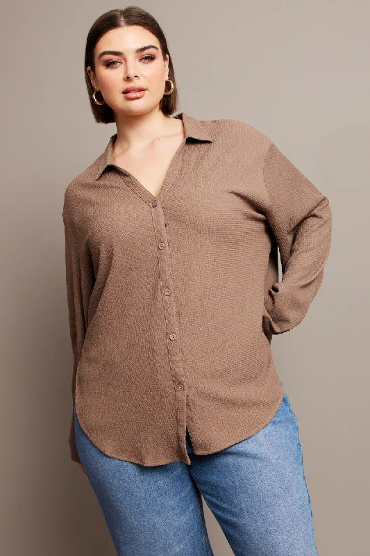 Brown Relaxed Shirt Long Sleeve Textured