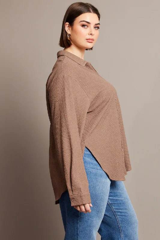 Brown Relaxed Shirt Long Sleeve Textured